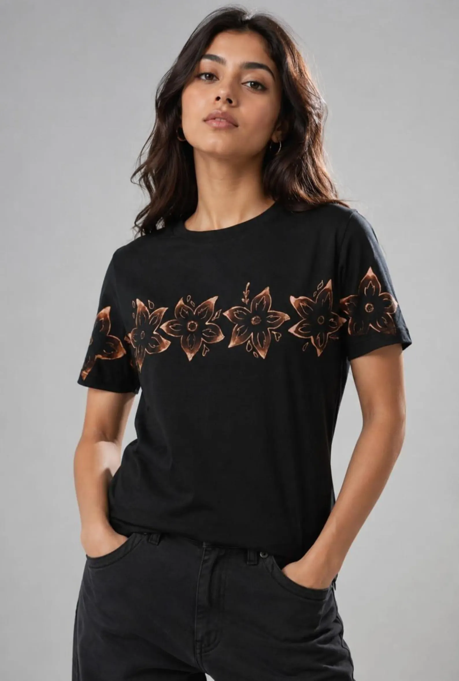 Floral Bleach Art T-Shirt | Classic Fit | 100% Premium Cotton Tee | Handmade Floral Bleached Shirt| Women's Cotton Tee